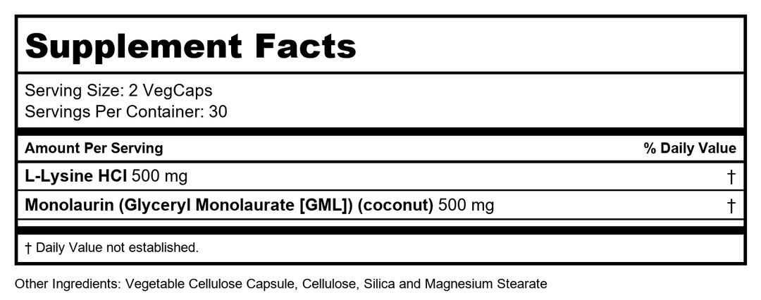 Solaray L-Lysine Monolaurin 1:1 Ratio 60 Vcaps - 2 Pack - Supplement Facts panel
