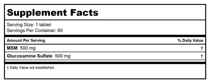 KAL MSM Glucosamine Sulfate 500/500 mg 60 Tablets - Supplement Facts panel