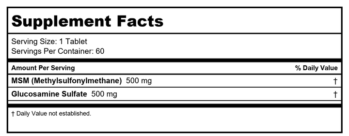 KAL MSM Glucosamine Sulfate 500/500 mg 60 Tablets - Supplement Facts panel
