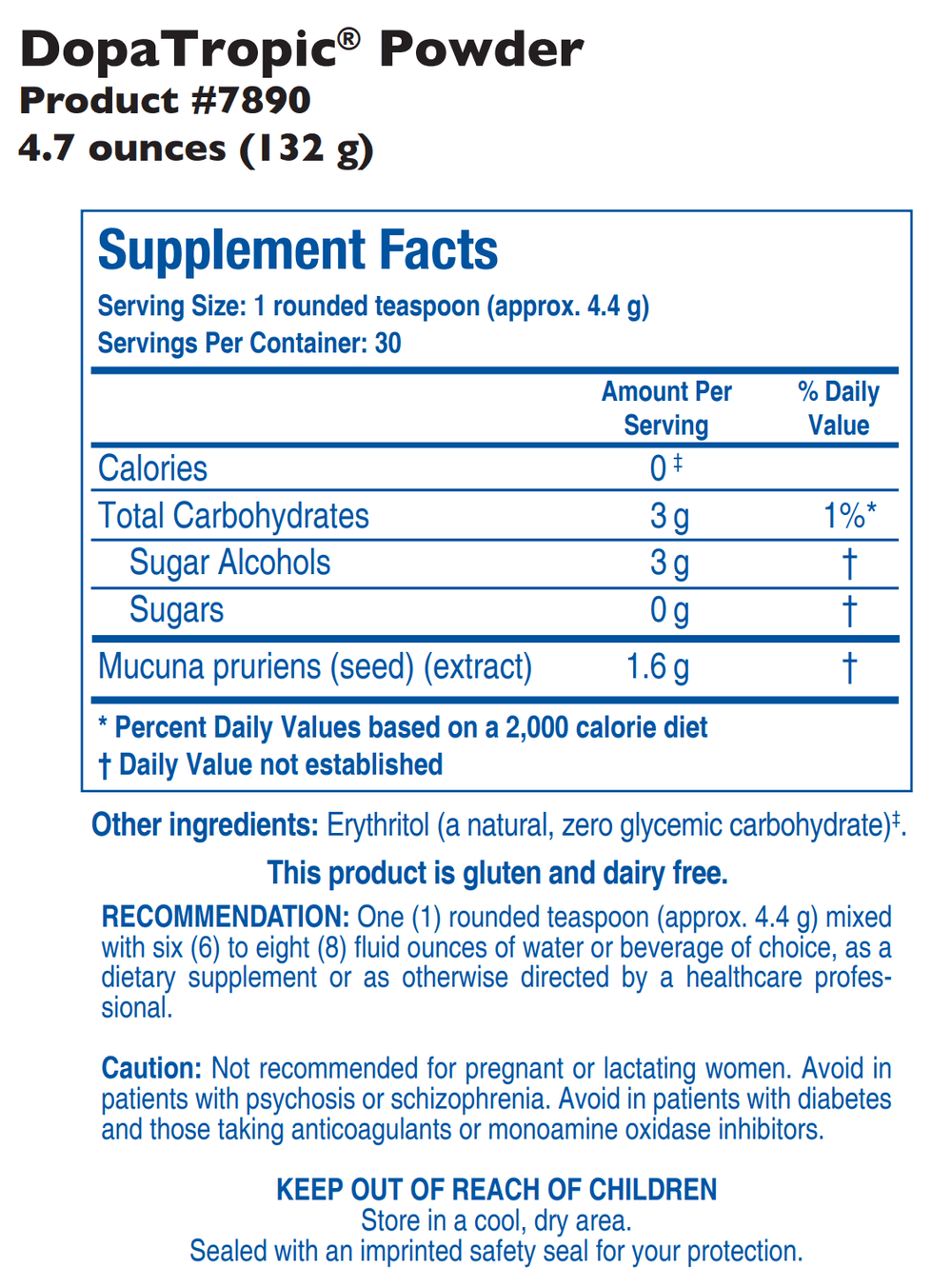Biotics Research DopaTropic Powder 5oz - Supplement Facts panel