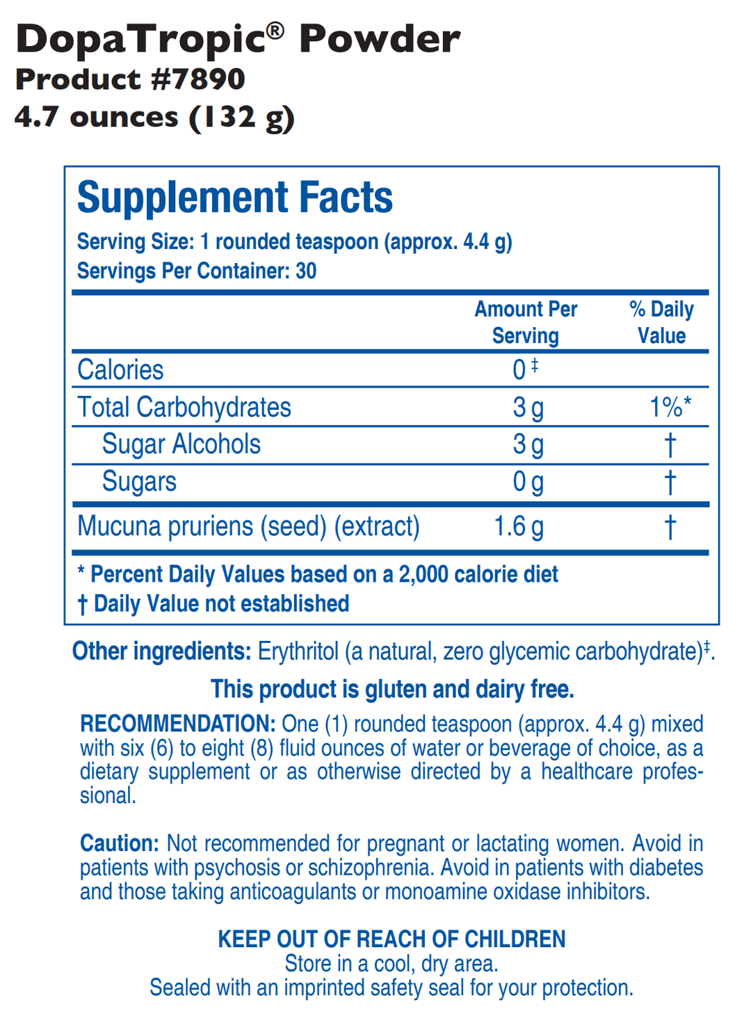 Biotics Research DopaTropic Powder 5oz - Supplement Facts panel