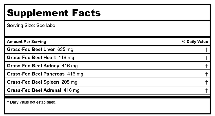 BodyHealth Organ+ 150 Capsules - Supplement Facts panel