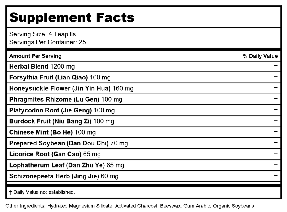 Nuherbs Herbal Times Ding Chuan Wan 100 Teapills - Supplement Facts panel