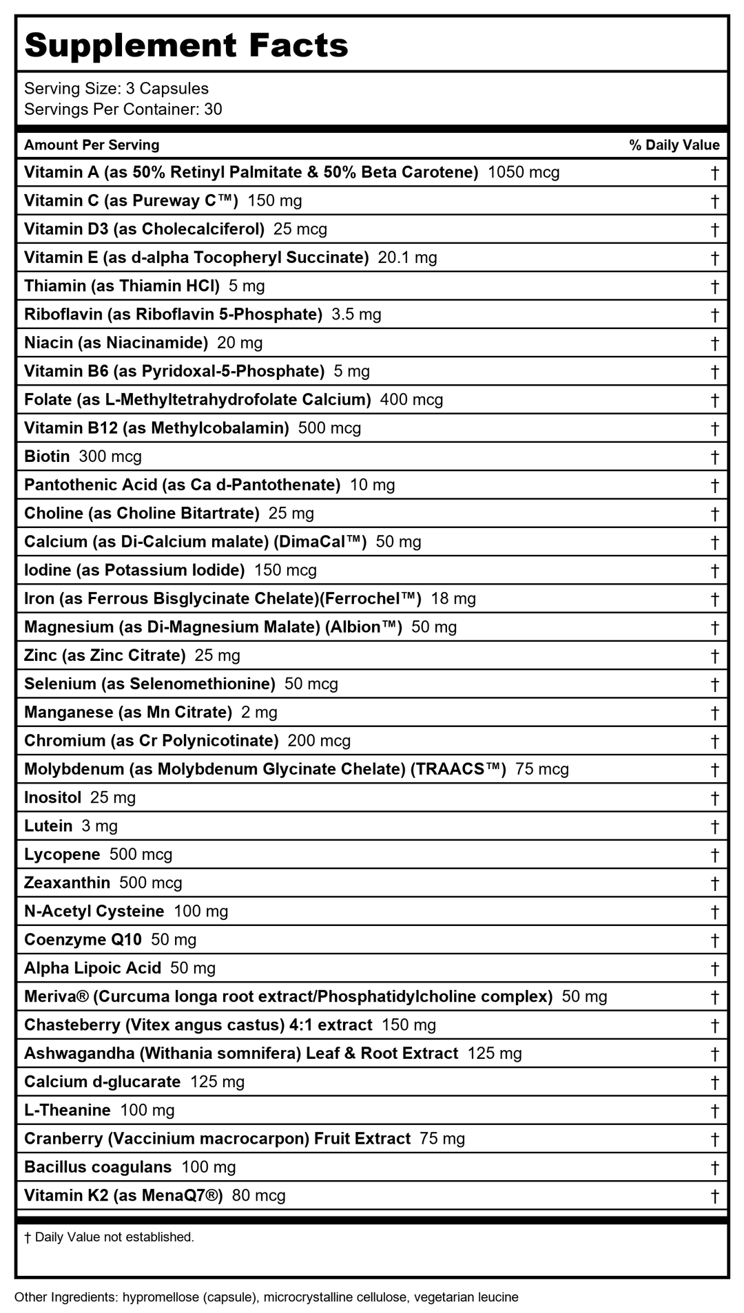 Davinci Daily Best Women 90 Capsules - Supplement Facts panel