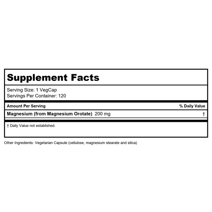 KAL Magnesium Orotate 200 mg 120 Vcaps - Supplement Facts panel