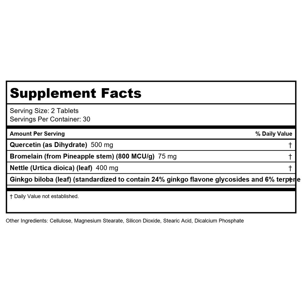 Kal Quercetin Reacta-C Bromelain 60 Tablets - Supplement Facts panel