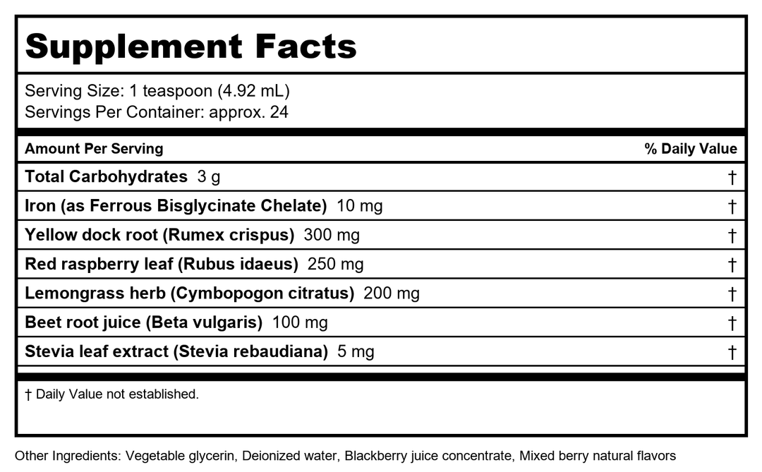 Vitanica Iron Tonic 4oz - Supplement Facts panel