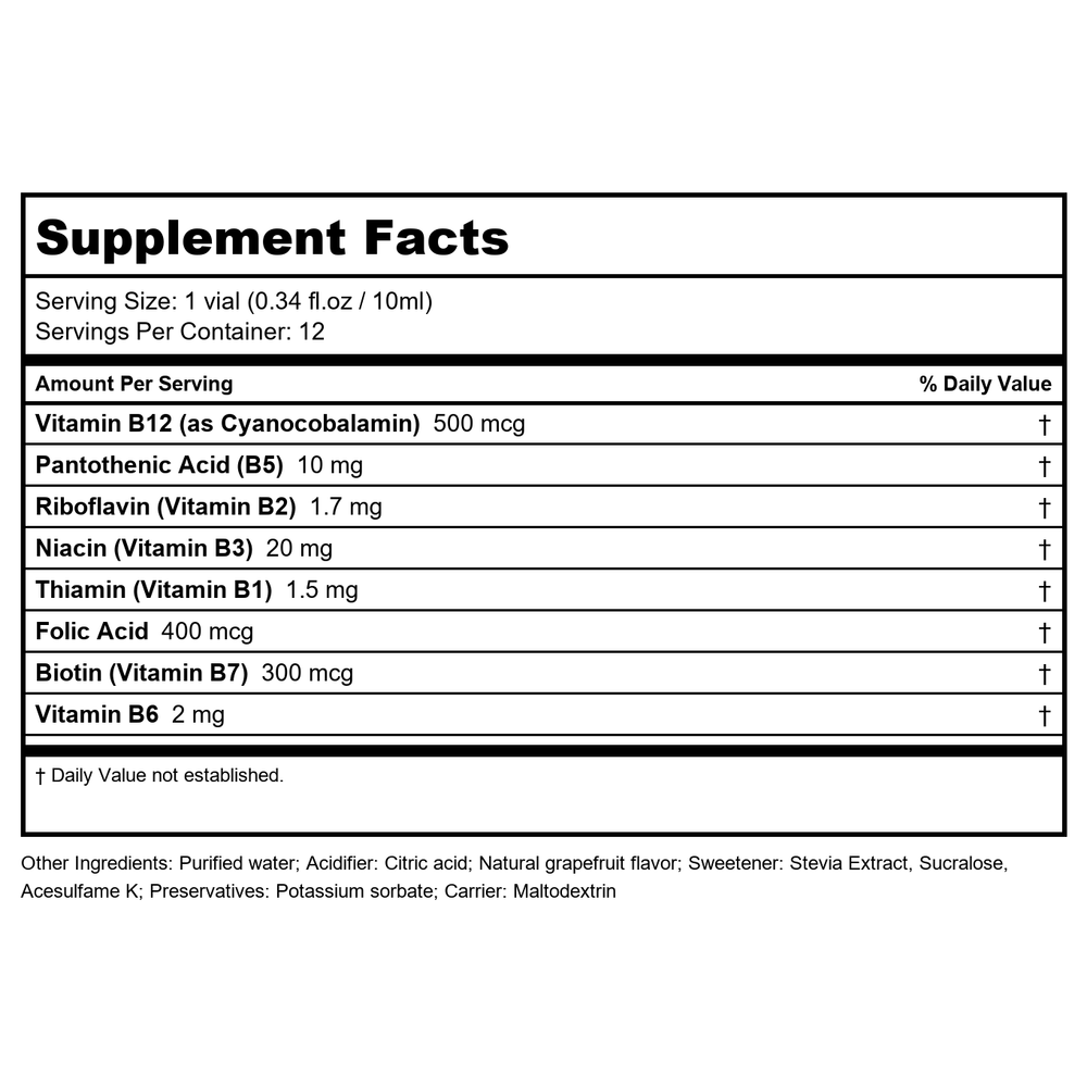 BodyBoost B12 + B Complex 12 0.34oz Vials - Supplement Facts panel