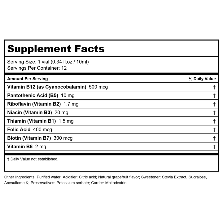 BodyBoost B12 + B Complex 12 0.34oz Vials - Supplement Facts panel