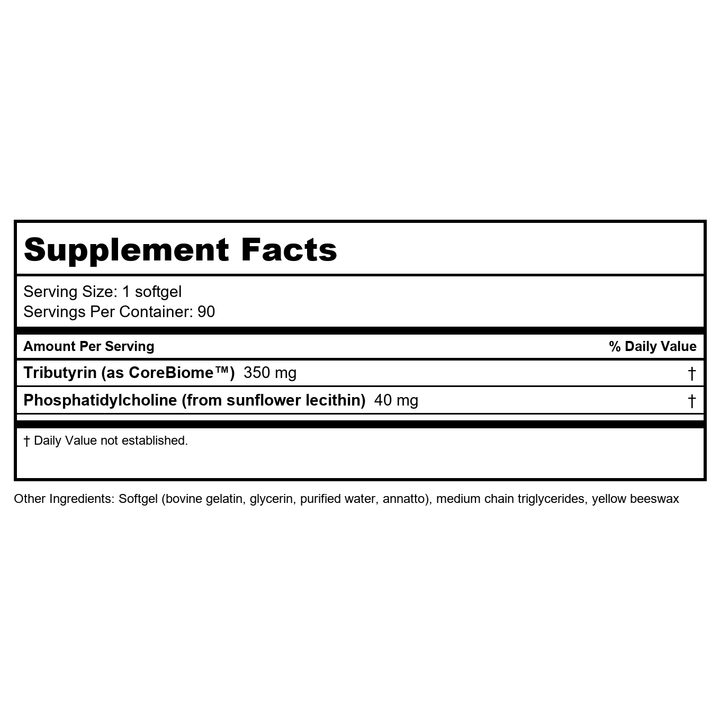 Apex Energetics Tributyrin 350 Active 90 Softgels -K132 - Supplement Facts panel
