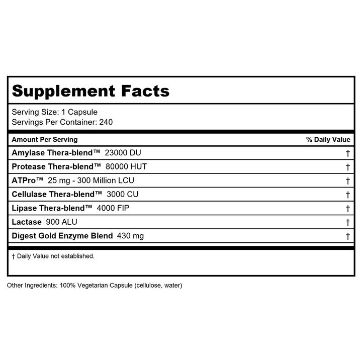 Enzymedica Digest Gold 240 Capsules - Supplement Facts panel