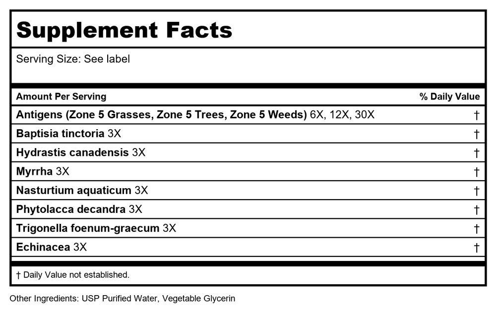 Progena Allergena Zone 5 Kids 1oz - Supplement Facts panel