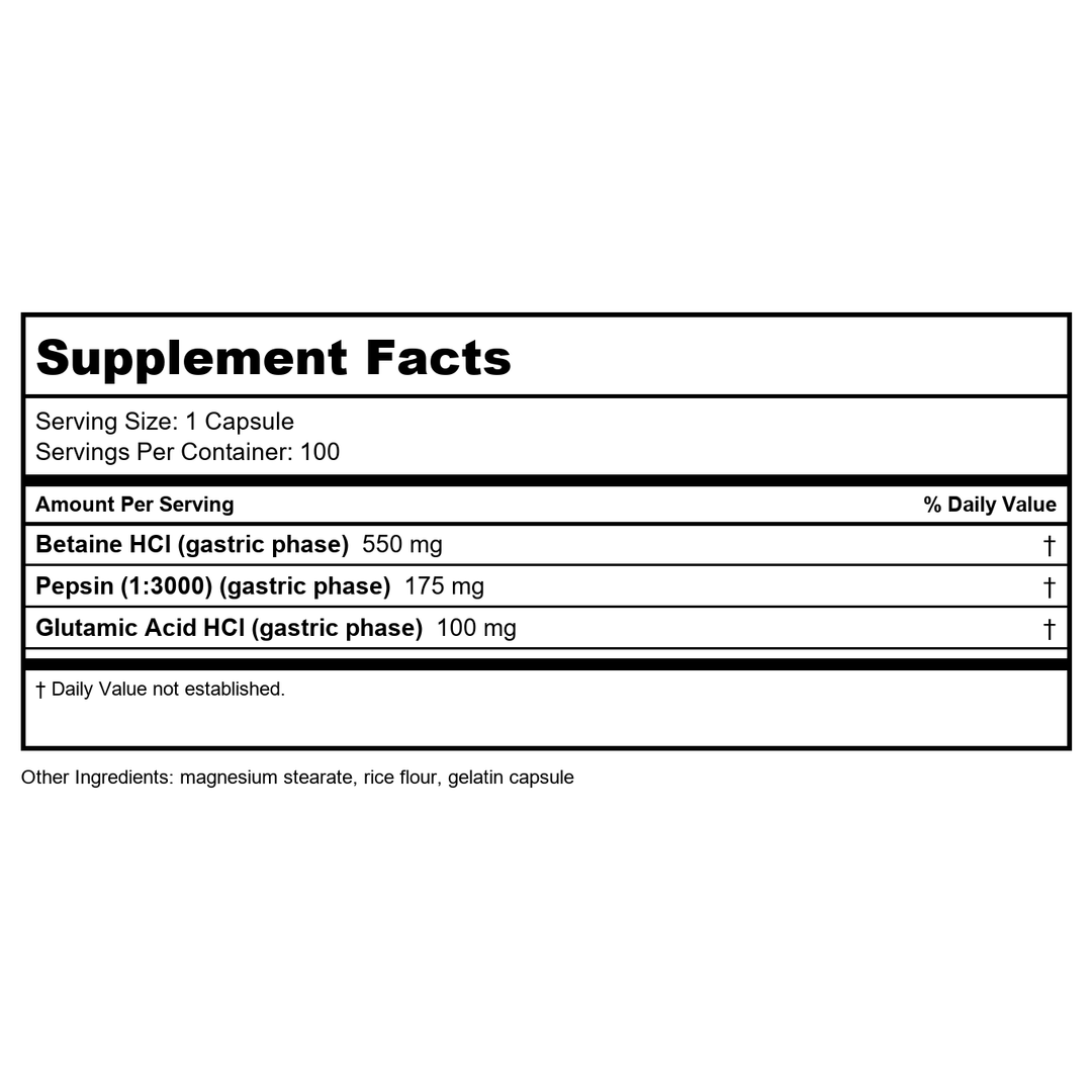 Karuna HCL-Pepsin 100 Capsules - Supplement Facts panel