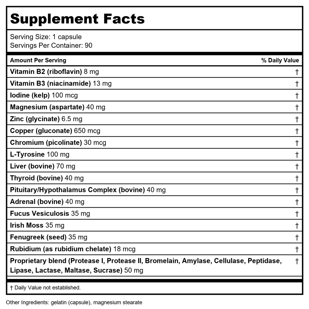 Apex Energetics Thyro-Zyme 90 Capsules - Z14 - - Supplement Facts panel