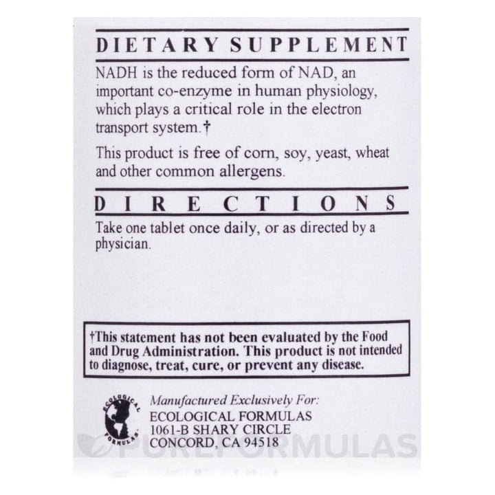 Ecological Formulas NADH 5mg 120 Tablets - Supplement Facts panel