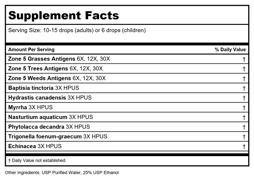 Progena Allergena Zone 5 2oz - Supplement Facts panel