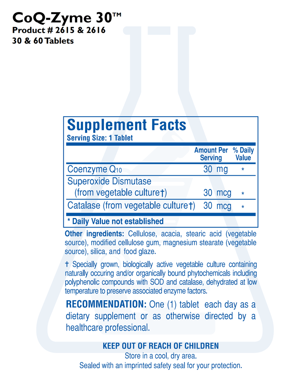Biotics Research CoQ-Zyme 30 60 Tablets - Supplement Facts panel