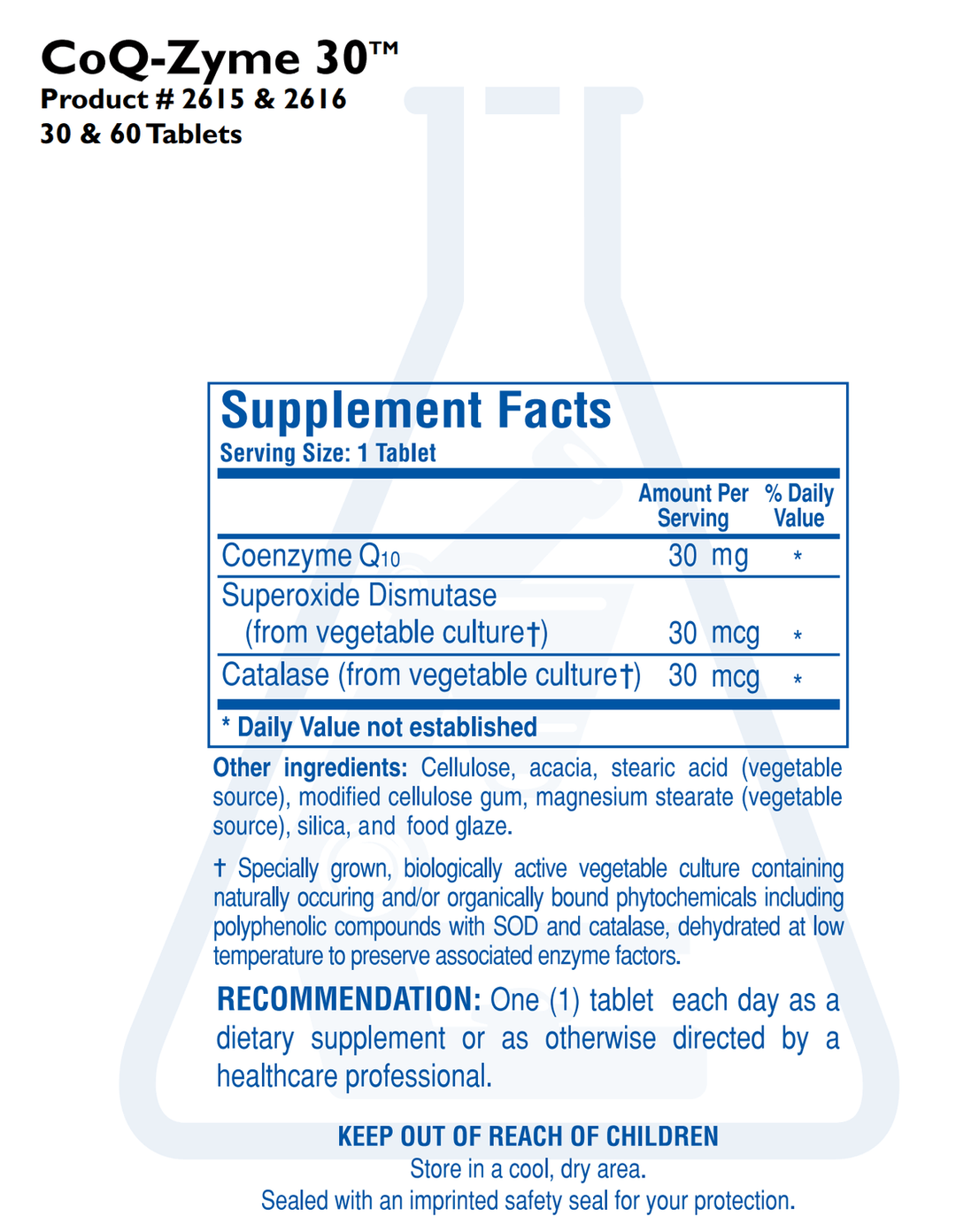Biotics Research CoQ-Zyme 30 60 Tablets - Supplement Facts panel