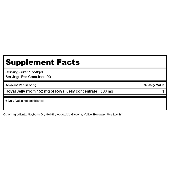 Honey Gardens Royal Jelly 500 90 Softgels - Supplement Facts panel