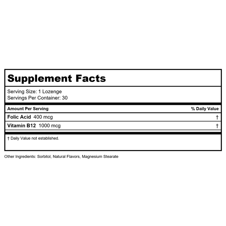 Thompson B 12 + Folic Acid Cherry Flavor 30 Lozenges - 6 Pack - Supplement Facts panel