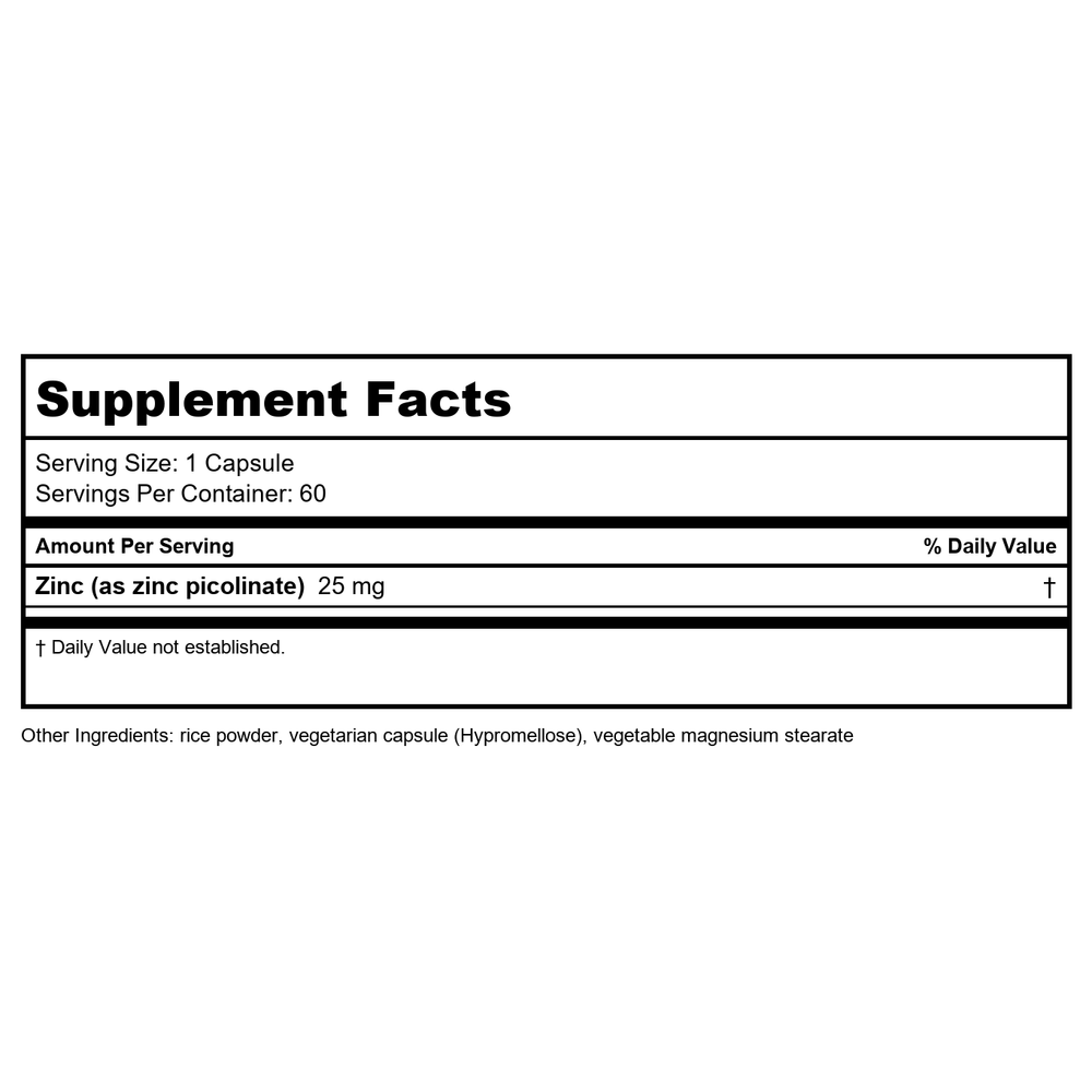 Karuna Zinc Picolinate 25mg 60 Vcaps - Supplement Facts panel