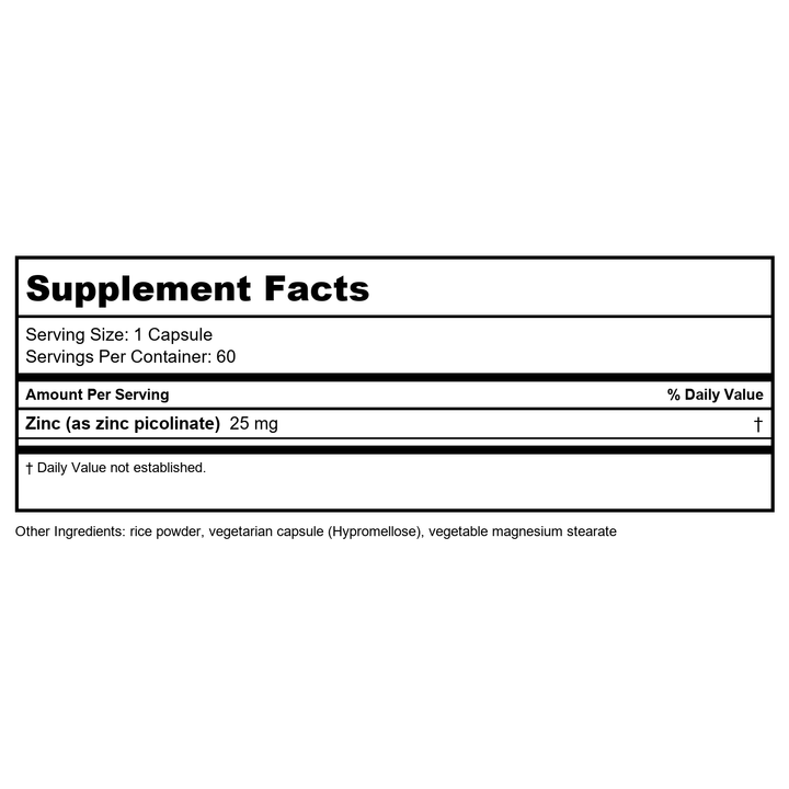 Karuna Zinc Picolinate 25mg 60 Vcaps - Supplement Facts panel
