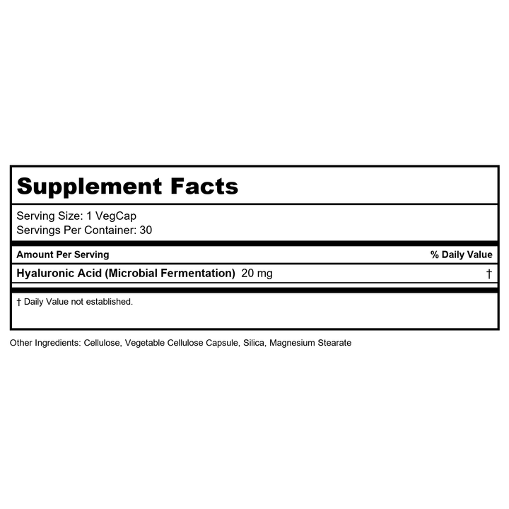 Solaray Hyaluronic Acid 20mg 30 Vcaps - Supplement Facts panel