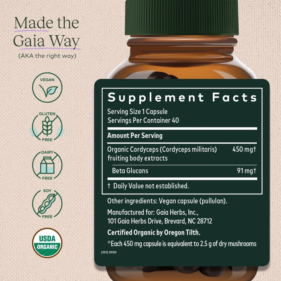 Gaia Herbs - Cordyceps Mushroom Energy Support 450 mg. - 40 Capsules - Supplement Facts panel