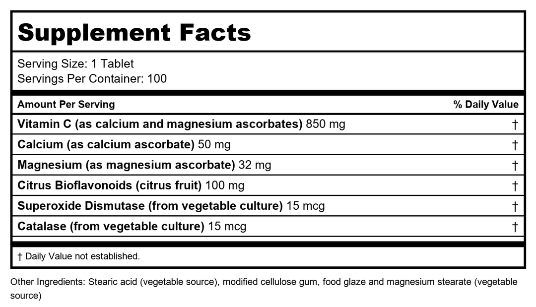 Biotics Research Bio-C Plus 1000 100 Tablets - Supplement Facts panel