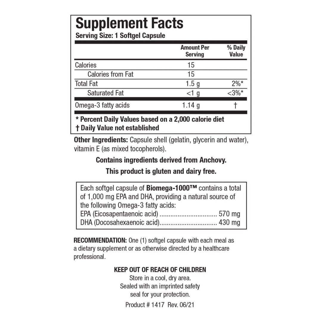 Biotics Research Biomega-1000 90 Capsules - Supplement Facts panel