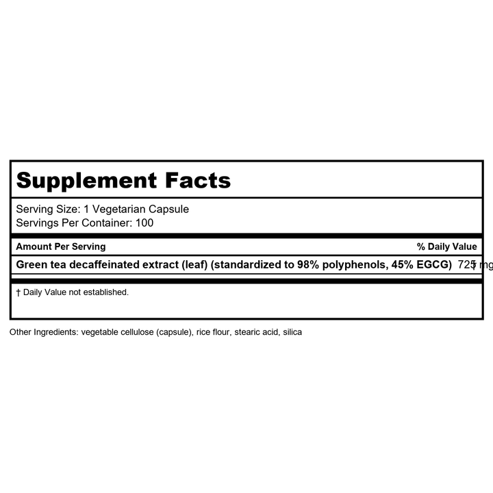Life Extension Mega Green Tea Extract 98% Polyphenols Decaf 100 Vcaps - Supplement Facts panel