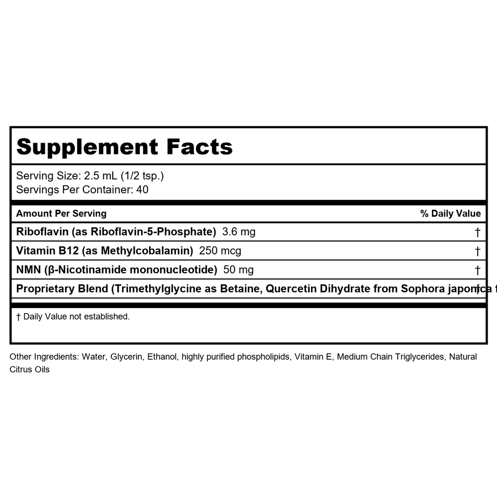 Quicksilver Scientific NAD+ Platinum Advanced Aging Formula 100 ml - Supplement Facts panel