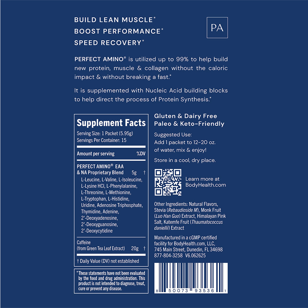 BodyHealth PerfectAminoXP Mocha Boost 186 Grams 30 Servings - - Supplement Facts panel