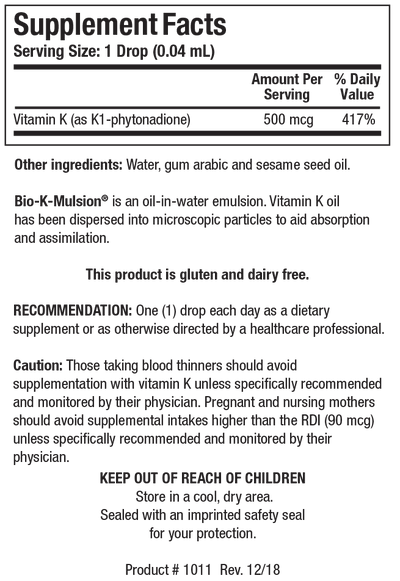 Biotics Research Bio-k-Mulsion 1oz - Supplement Facts panel