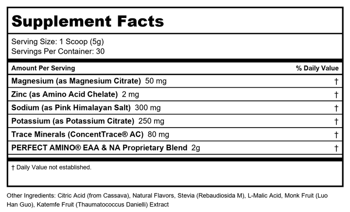 BodyHealth PerfectAmino XP Strawberry 30 Servings 195 Grams - Supplement Facts panel