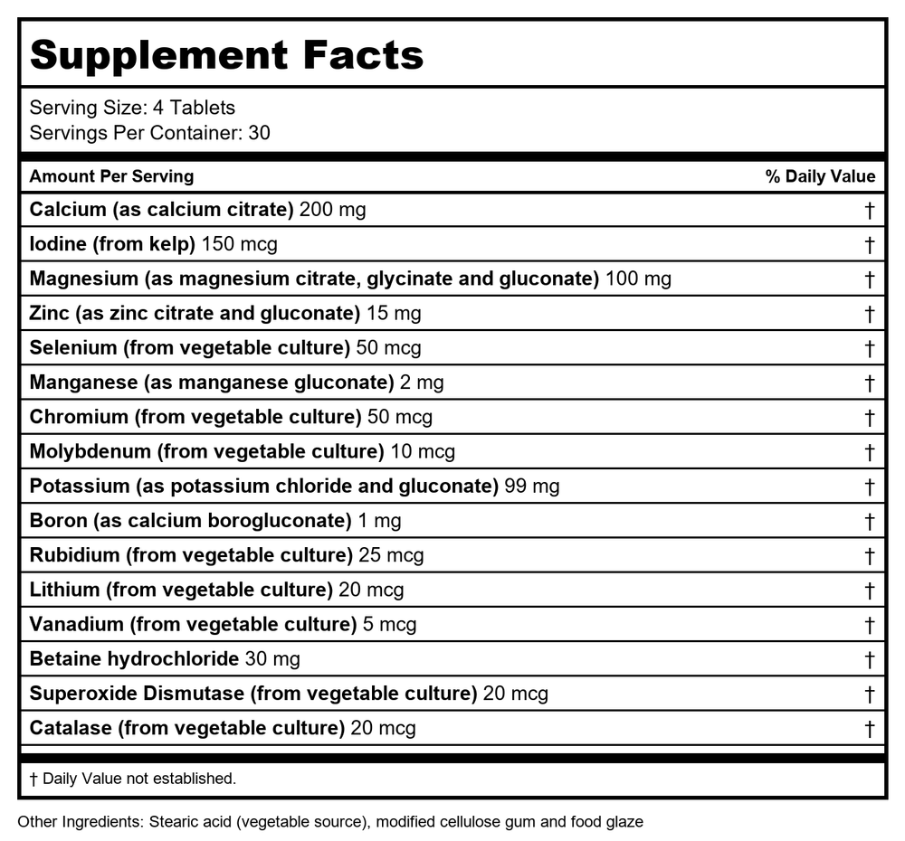 Biotics Research Multi-Mins Iron & Copper Free 120 Tablets - Supplement Facts panel