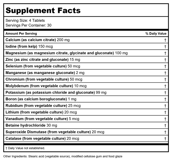Biotics Research Multi-Mins Iron &amp; Copper Free 120 Tablets - Supplement Facts panel