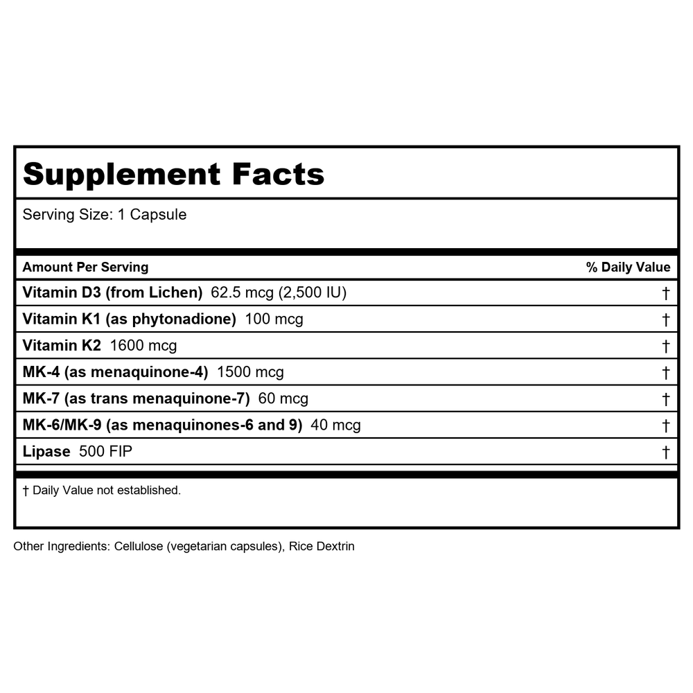 Arthur Andrew KD Ultra Full Specturm K2 & Vegan D3 90 Capsules - Supplement Facts panel