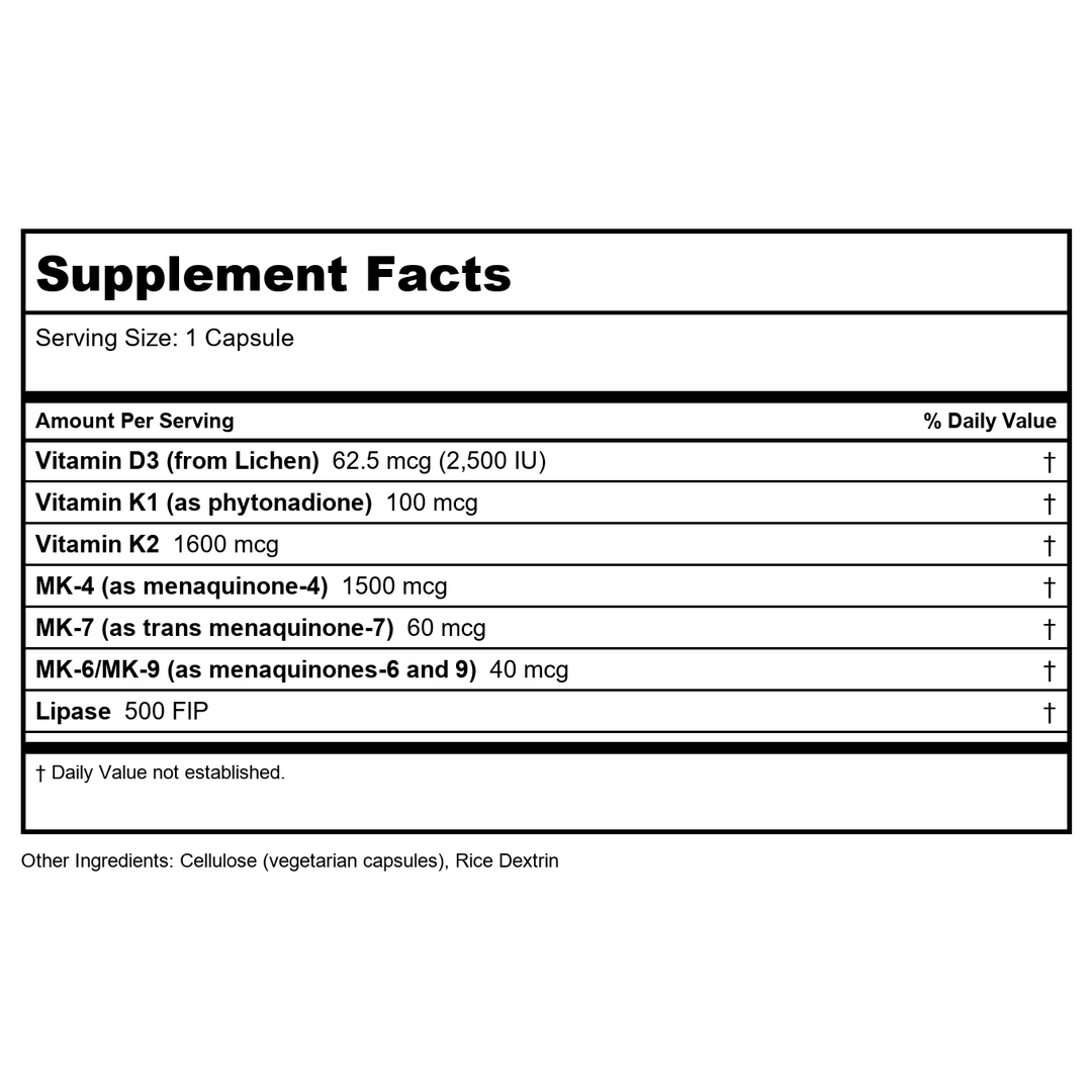 Arthur Andrew KD Ultra Full Specturm K2 &amp; Vegan D3 90 Capsules - Supplement Facts panel