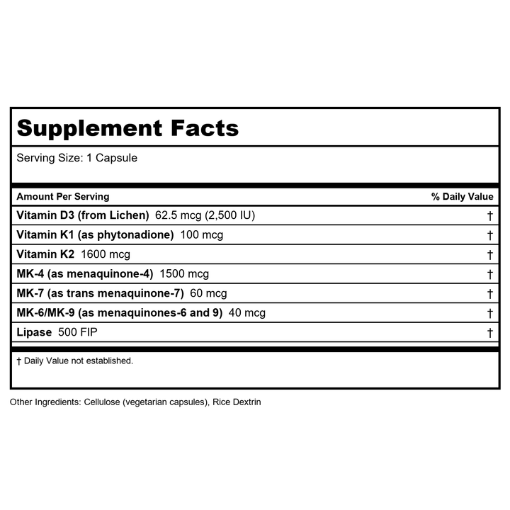 Arthur Andrew KD Ultra Full Specturm K2 &amp; Vegan D3 90 Capsules - Supplement Facts panel