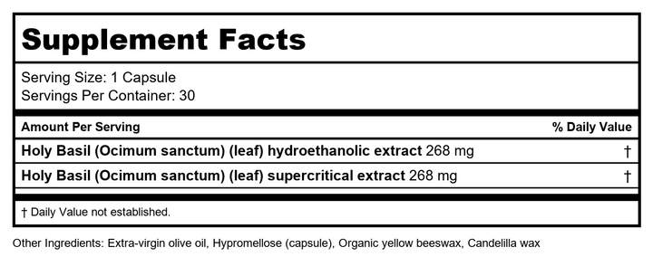 New Chapter Holy Basil Force 30 Vcaps - Supplement Facts panel