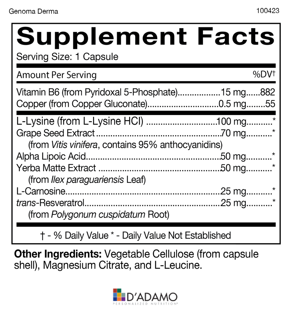 D'Adamo Genoma Derma 60 Vcaps - Supplement Facts panel