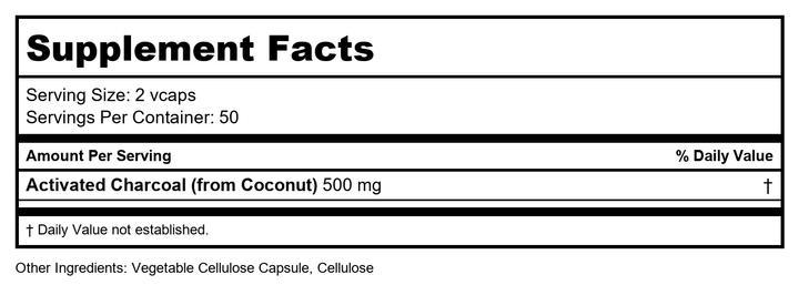 Kal Charcoal Activated 50 Vcaps  58605 - Supplement Facts panel