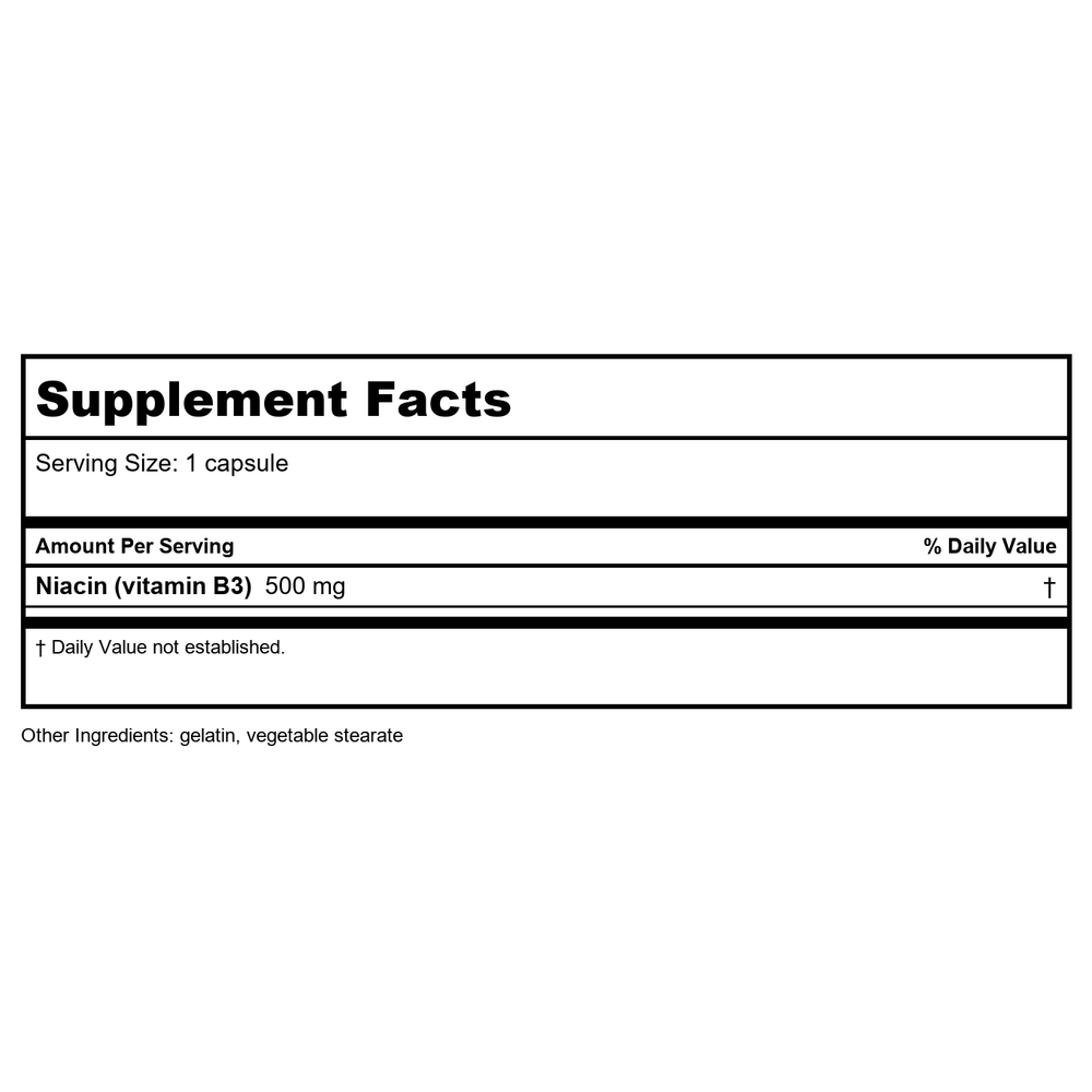 Life Extension Vitaamin B3 Niacin 500 mg 100 Capsules - 3 Pack - Supplement Facts panel