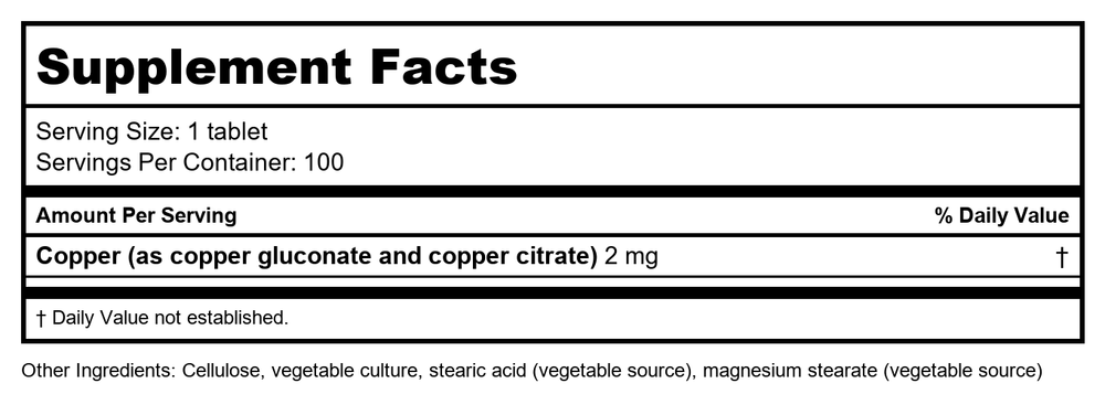 Biotics Research Cu-Zyme 100 Tablets - Supplement Facts panel