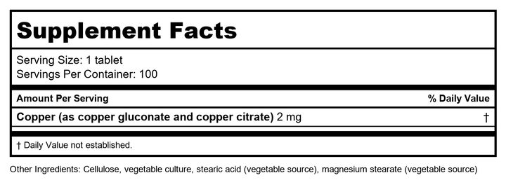 Biotics Research Cu-Zyme 100 Tablets - Supplement Facts panel