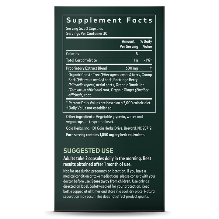 Gaia Fertility Support 60 Vcaps Vitex Reproductive Formula - Supplement Facts panel