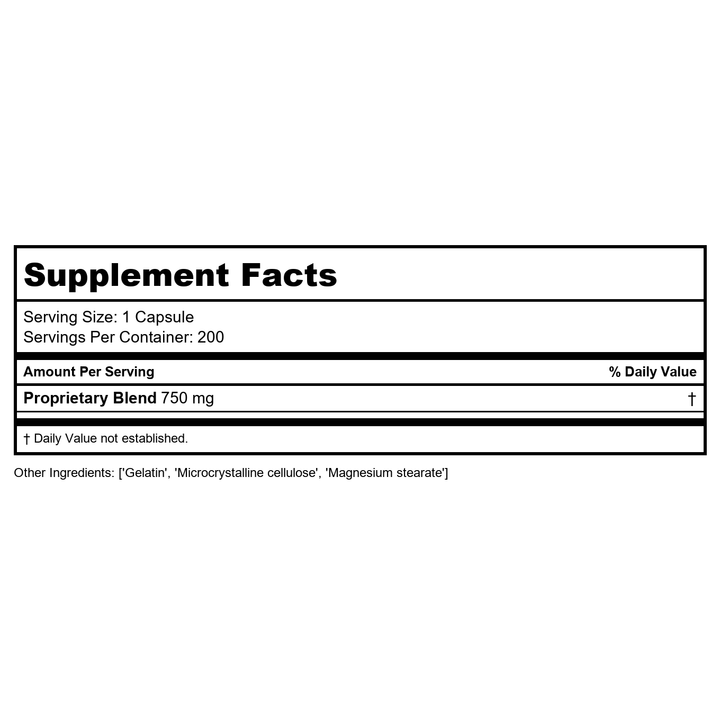 Montiff Super-Sports 750mg 200 Capsules - Supplement Facts panel
