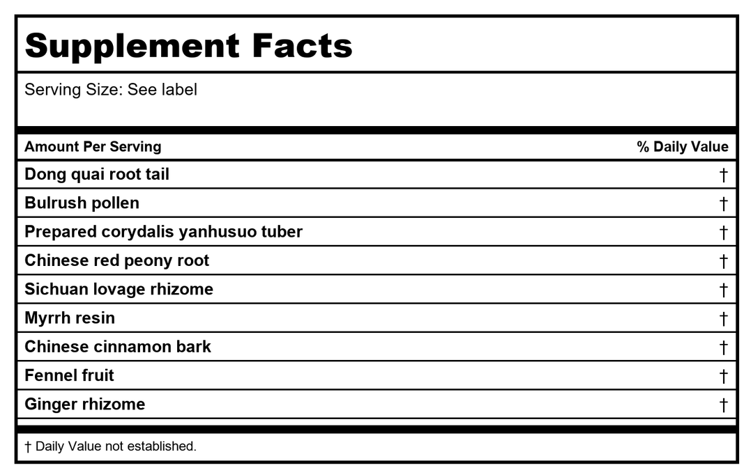 Kan Herb Essentials Dispel Stasis in the Lower Palace 120 Tablets - Supplement Facts panel