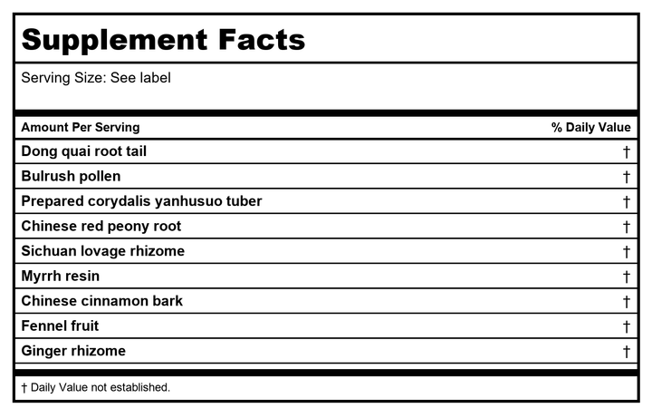 Kan Herb Essentials Dispel Stasis in the Lower Palace 120 Tablets - Supplement Facts panel